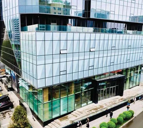 The glazed envelope of Minister Tower's lower floors