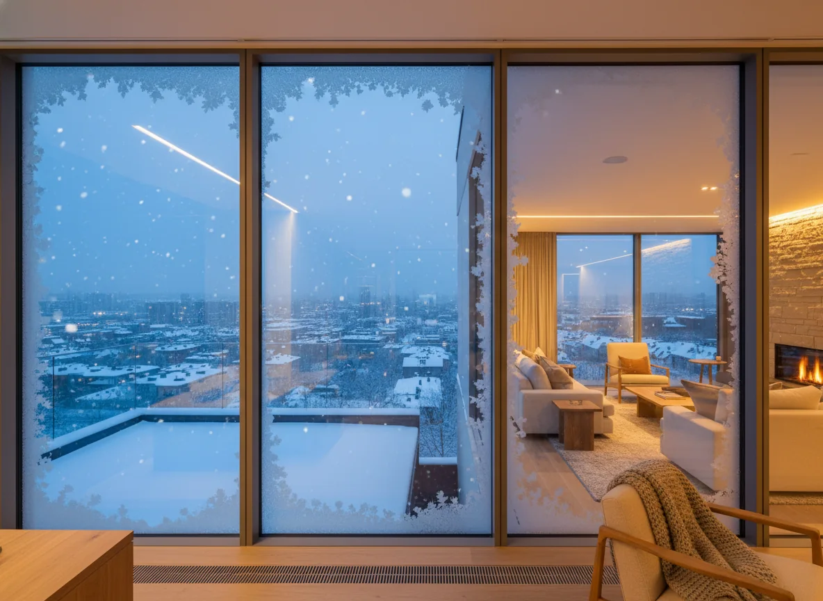A warm, bright room looking out through an insulated window onto a winter city